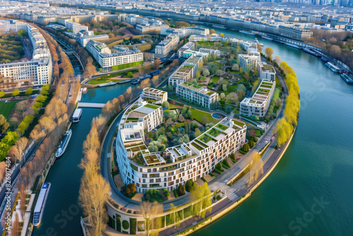 Olympic Village with Parisian Architecture and Winding Seine River, Aerial View