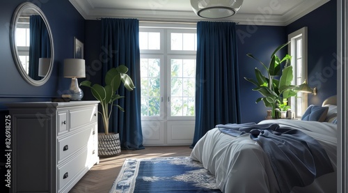 Modern classic blue bedroom with dark blue drapery, antique white dressers, and a cozy reading nook