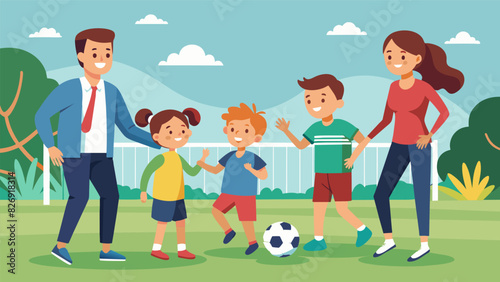 A group of moms and dads engaged in a friendly game of soccer with their children watching and cheering from the sidelines.. Vector illustration