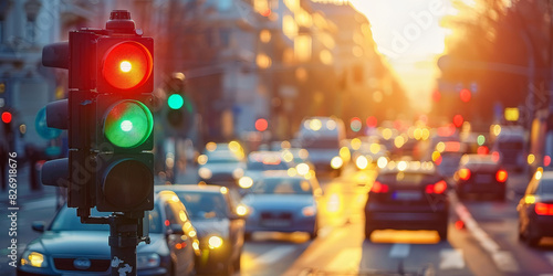 Urban traffic light with red and green signals against a cityscape background during sunset creating a vibrant and dynamic street scene with bokeh lights 