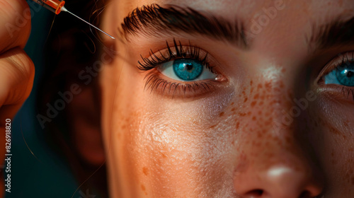 Portrait capturing a hypodermic needle approaching the crow's feet at the lateral edge of a woman's eye, preparing for a botulinum toxin injection. Concepts of anti-aging treatments and vanity