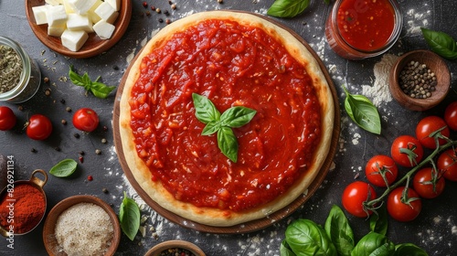 Close-up of raw pizza dough with tomato sauce spread, surrounded by mozzarella, basil, and spices on a rustic table