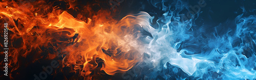 Abstract background with neon orange and blue flames of fire with dark background