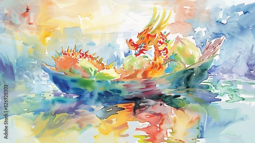 Vibrant Watercolor Illustration of Chinese Dragon Boat Festival with Giant Rice Dumplings on River