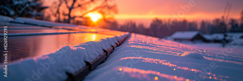 Photovoltaic panels on a roof are covered with snow during cold winter weather, illuminated by sunlight and daylight, captured with a shallow depth of field.