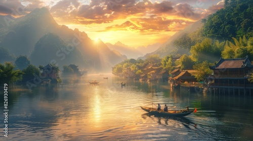 Traditional Chinese Boats at Sunset on River with Green Mountains