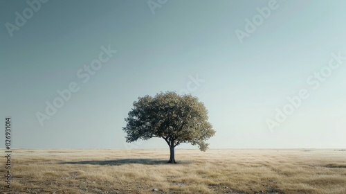 Clean, minimalist landscape with a single tree on a vast plain, capturing the beauty of simplicity in nature.