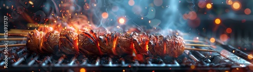  Flames engulf juicy meat skewers on a hot grill.