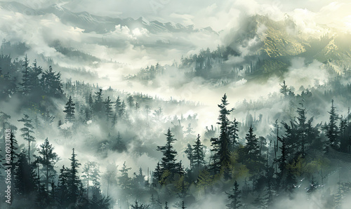 Create a realistic depiction of thick white fog or smog, enveloping a natural landscape, ideal for environmental themes highlighting air quality issues Generate AI