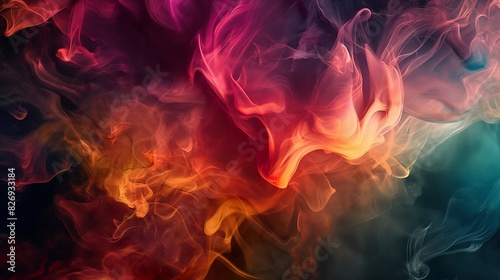 , dense tendrils of deep and dark smoke gracefully intertwine against a gradient backdrop, creating a mesmerizing blend of hues. Amidst this ethereal dance, vibrant abstract colors emerge, swirling an