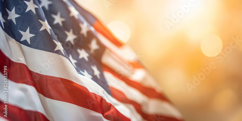 American flag waving in the wind with a warm sunset background creating a patriotic and inspiring atmosphere with soft bokeh lights 