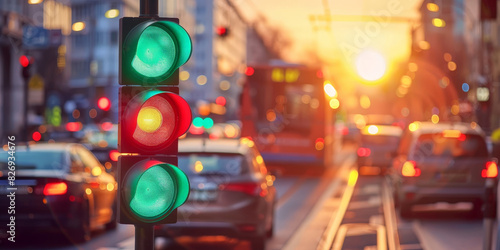 Urban traffic light with red and green signals against a cityscape background during sunset creating a vibrant and dynamic street scene with bokeh lights 