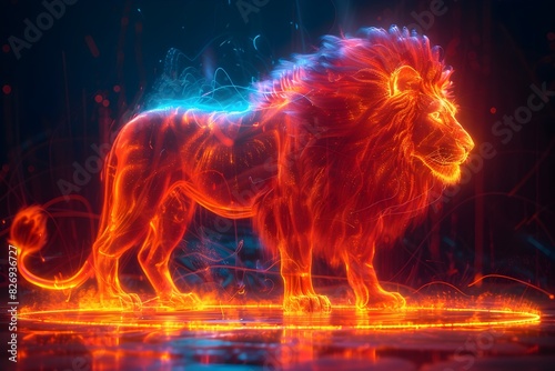 Un leon hecho de fuego y luz , color rojo, naranja y azul en un fondo negro. Concepto de valentia y poder, atractivo fondo