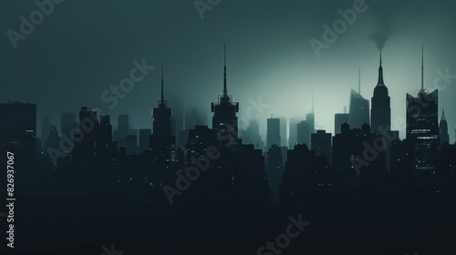 city panoramic view of a city skyline with skyscrapers, nice silhouette and dark ambiance 