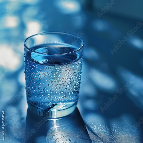 water blue colored glass on a tabletop with condensation and amazing light