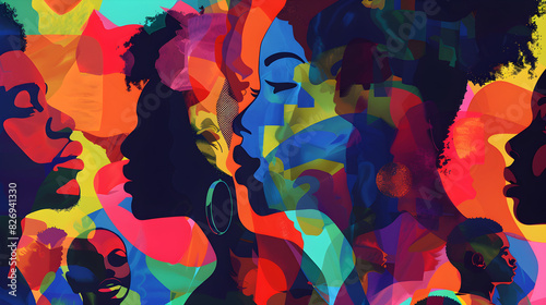 A colorful abstract illustration depicting a group of good-looking black people celebrating Black History Month and Juneteenth, advocating for racial equality and justice,...