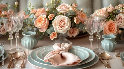 festive table setting decorated with soft fluffy hues, including light pink napkins and pastel green plates