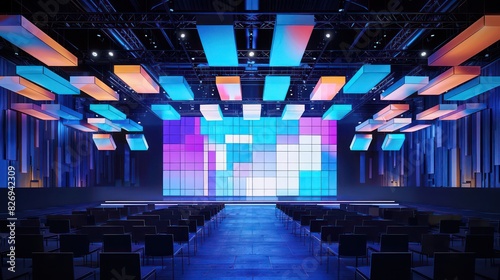 wide conference stage with several led video screens in the background