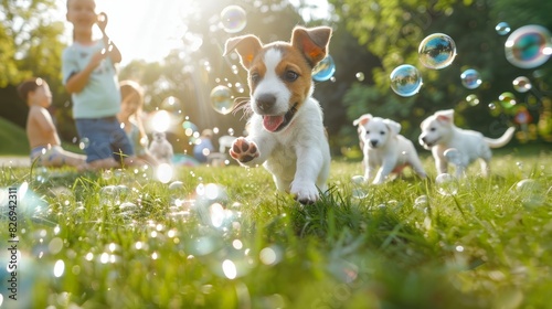 Playful Puppies Chasing Bubbles in Sunny Park with Children Laughing - Wide-Angle Shot of Joyful Scene