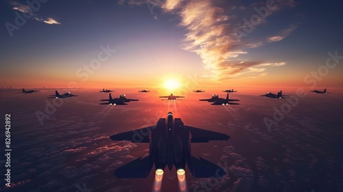 Group of Fighter Jets at Sunset in the Sky