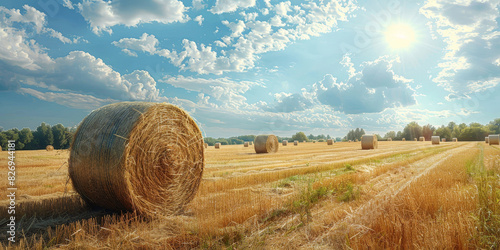 Golden hay bales in a sunny harvested field, with a clear blue sky and scattered clouds, capturing the essence of a peaceful and productive rural landscape. 