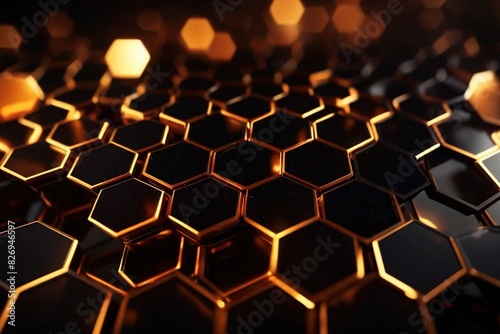 Black abstract futuristic digital geometric technology hexagon background banner illustration, Golden glowing hexagonal 3d shape texture