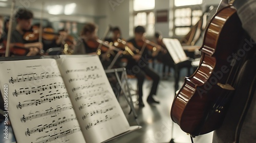 Music Theory: A conservatory classroom where students learn to read sheet music. Violins, pianos, and brass instruments stand ready for practice. The teacher points to a musical staff, explaining dyna
