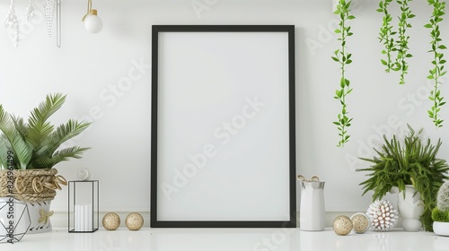 Black frame leaning on white shelve in bright interior with plants and decorations mockup 3D rendering.