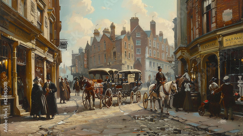  A busy street in a 19th-century European city. There are people walking, talking, and shopping. There are also horses and carriages on the street. 
