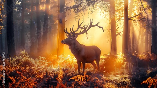 Photograph a majestic stag standing proudly in a misty forest, its antlers silhouetted against the dawn light