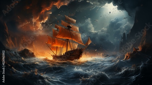 A lost ship sailing in the storm on a rough sea