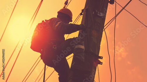 A power engineer in uniform, with safety equipment on his back and hands working at the top of an electric pole against an orange sky