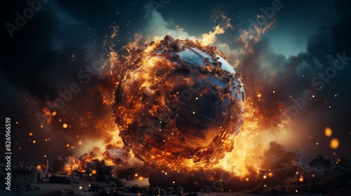Earth globe collapse, burning, destroyed by fire