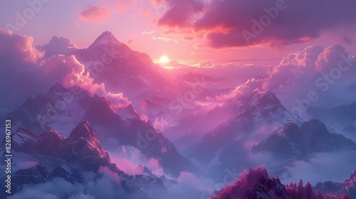 magical sunrise overmountain range, where the sky is painted with soft fluffy hues of pink and lavender