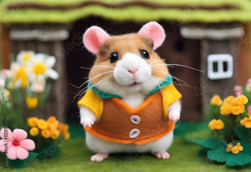 A guinea pig wearing a cute outfit surrounded by flowers.