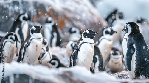 Snap a shot of a colony of penguins huddled together on an icy landscape, their community and resilience evident