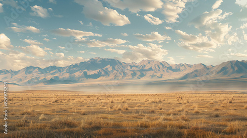 A vast desert with mountains in the distance. The ground is covered in dry grass. The sky is blue and there are some clouds.