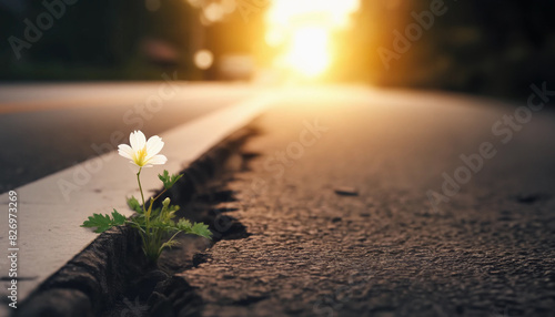 過酷な環境で生きる一輪の白い花 希望の象徴 道路の亀裂 ドラマチック