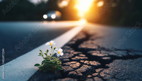 過酷な環境で生きる一輪の白い花 希望の象徴 道路の亀裂 ドラマチック