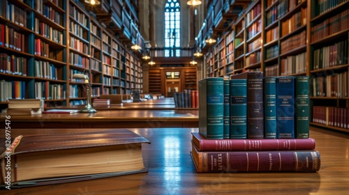 Legal Research Haven: Scholarly Library with Rows of Law Books and Authoritative Ambiance