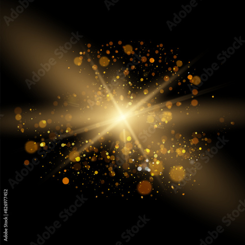 Star burst with sparkles. Light effect. Gold glitter texture.