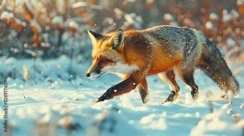 Snap a shot of a fox trotting through a snowy landscape, its bright red fur contrasting sharply with the white surroundings