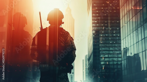 Corporate mercenary in tactical gear close up, focus on, copy space bold tones, Double exposure silhouette with skyscrapers