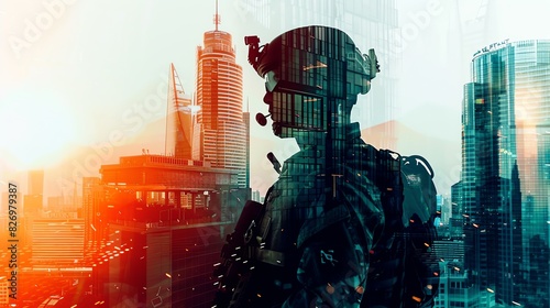 Corporate mercenary in tactical gear close up, focus on, copy space bold tones, Double exposure silhouette with skyscrapers