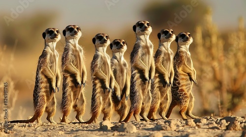 Photograph a group of meerkats standing on their hind legs, their curious expressions and vigilant stances capturing their alert nature