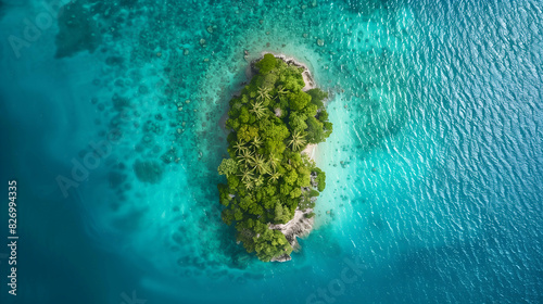 Aerial View of a Small Tropical Island Surrounded by Turquoise Waters, Aerial view of a small tropical island surrounded by turquoise waters, featuring lush greenery and palm trees