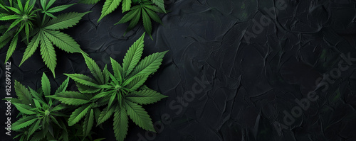 marijuana plants on black background with space for text in banner format 