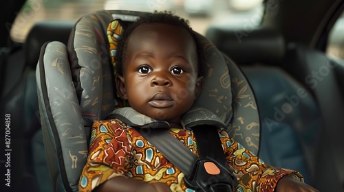 Adorable baby sitting in a car seat, wearing colorful outfit, looking attentively. Safe travel and family concepts.