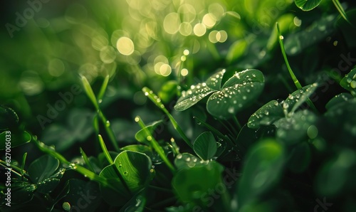 Close-up of dewy green clover leaves in a lush field, with sunlight creating a bokeh effect in the background. Nature and tranquility.