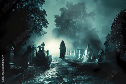 A spectral apparition haunting an abandoned graveyard, searching for peace.